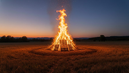 Atmospheric night scenes featuring vibrant bonfires and celebratory fireworks in a natural forest...