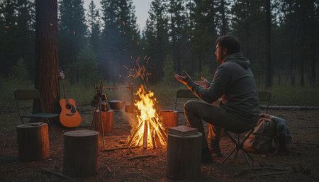 Atmospheric night scenes featuring vibrant bonfires and celebratory fireworks in a natural forest...