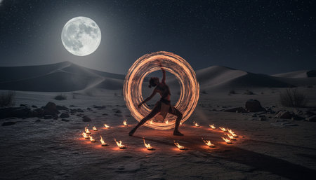 Atmospheric night scenes featuring vibrant bonfires and celebratory fireworks in a natural forest...