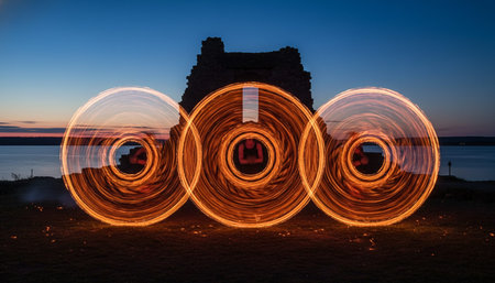 Atmospheric night scenes featuring vibrant bonfires and celebratory fireworks in a natural forest...