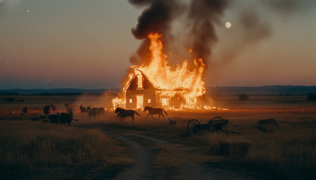 Atmospheric night scenes featuring vibrant bonfires and celebratory fireworks in a natural forest...