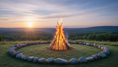 Atmospheric night scenes featuring vibrant bonfires and celebratory fireworks in a natural forest...