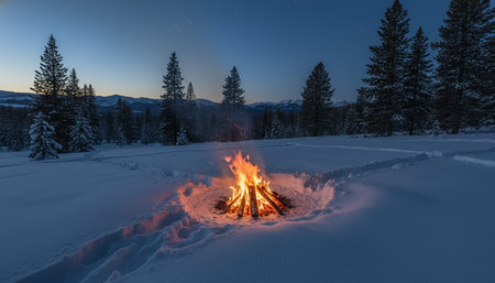 Atmospheric night scenes featuring vibrant bonfires and celebratory fireworks in a natural forest...