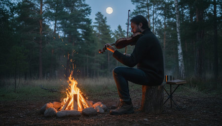 Atmospheric night scenes featuring vibrant bonfires and celebratory fireworks in a natural forest...