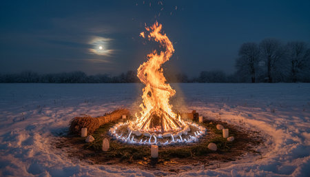 Atmospheric night scenes featuring vibrant bonfires and celebratory fireworks in a natural forest...