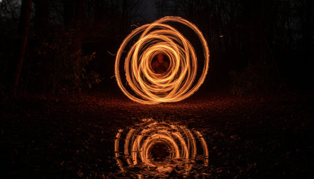 Atmospheric night scenes featuring vibrant bonfires and celebratory fireworks in a natural forest...