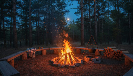 Atmospheric night scenes featuring vibrant bonfires and celebratory fireworks in a natural forest...