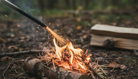 Atmospheric night scenes featuring vibrant bonfires and celebratory fireworks in a natural forest...