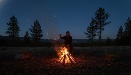 Atmospheric night scenes featuring vibrant bonfires and celebratory fireworks in a natural forest...