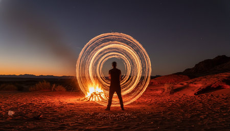 Atmospheric night scenes featuring vibrant bonfires and celebratory fireworks in a natural forest...