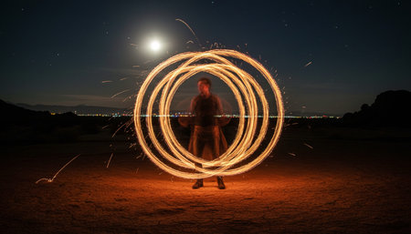 Atmospheric night scenes featuring vibrant bonfires and celebratory fireworks in a natural forest...