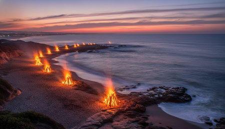 Atmospheric night scenes featuring vibrant bonfires and celebratory fireworks in a natural forest...