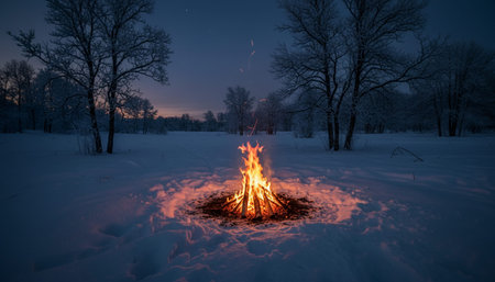 Atmospheric night scenes featuring vibrant bonfires and celebratory fireworks in a natural forest...
