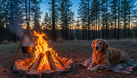 Atmospheric night scenes featuring vibrant bonfires and celebratory fireworks in a natural forest...