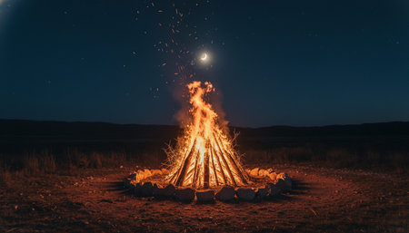 Atmospheric night scenes featuring vibrant bonfires and celebratory fireworks in a natural forest...