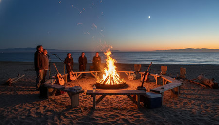 Atmospheric night scenes featuring vibrant bonfires and celebratory fireworks in a natural forest...