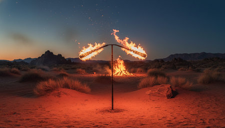 Atmospheric night scenes featuring vibrant bonfires and celebratory fireworks in a natural forest...