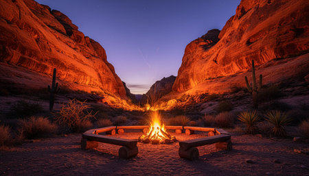 Atmospheric night scenes featuring vibrant bonfires and celebratory fireworks in a natural forest...
