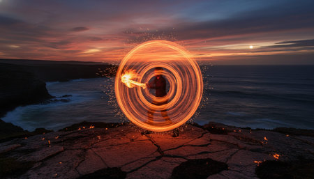 Atmospheric night scenes featuring vibrant bonfires and celebratory fireworks in a natural forest...