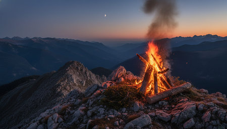 Atmospheric night scenes featuring vibrant bonfires and celebratory fireworks in a natural forest...