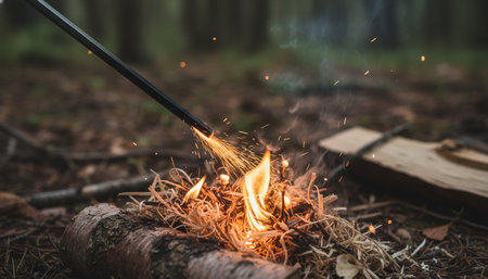 Atmospheric night scenes featuring vibrant bonfires and celebratory fireworks in a natural forest...