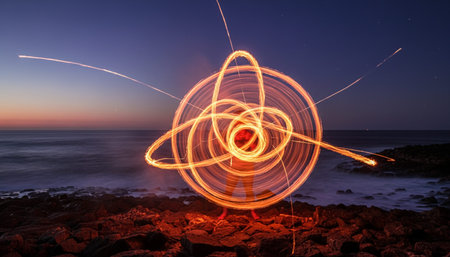 Atmospheric night scenes featuring vibrant bonfires and celebratory fireworks in a natural forest...