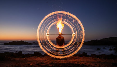 Atmospheric night scenes featuring vibrant bonfires and celebratory fireworks in a natural forest...