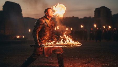 Atmospheric night scenes featuring vibrant bonfires and celebratory fireworks in a natural forest...