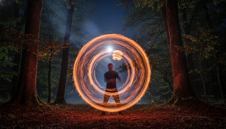 Atmospheric night scenes featuring vibrant bonfires and celebratory fireworks in a natural forest...