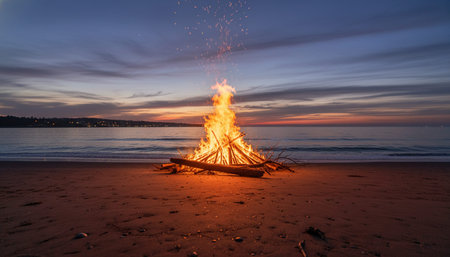 Atmospheric night scenes featuring vibrant bonfires and celebratory fireworks in a natural forest...