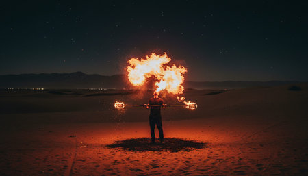 Atmospheric night scenes featuring vibrant bonfires and celebratory fireworks in a natural forest...