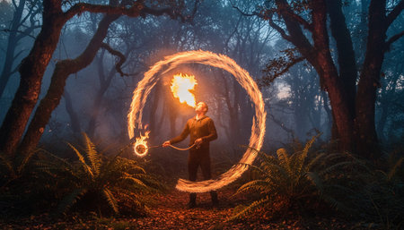 Atmospheric night scenes featuring vibrant bonfires and celebratory fireworks in a natural forest...
