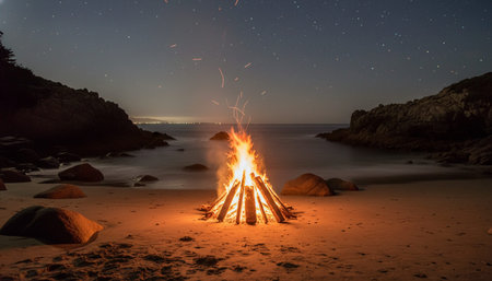 Atmospheric night scenes featuring vibrant bonfires and celebratory fireworks in a natural forest...