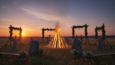 Atmospheric night scenes featuring vibrant bonfires and celebratory fireworks in a natural forest...