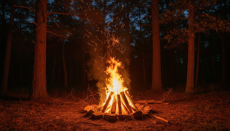 Atmospheric night scenes featuring vibrant bonfires and celebratory fireworks in a natural forest...