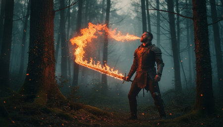 Atmospheric night scenes featuring vibrant bonfires and celebratory fireworks in a natural forest...