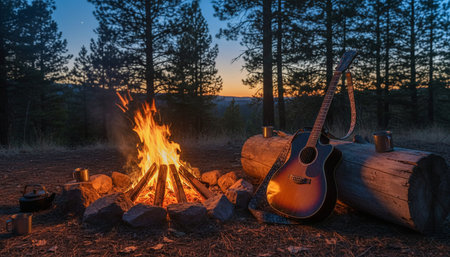 Atmospheric night scenes featuring vibrant bonfires and celebratory fireworks in a natural forest...