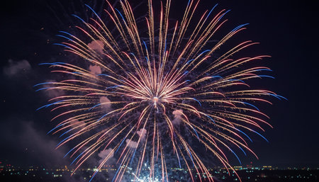 Atmospheric night scenes featuring vibrant bonfires and celebratory fireworks in a natural forest...