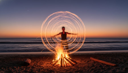Atmospheric night scenes featuring vibrant bonfires and celebratory fireworks in a natural forest...