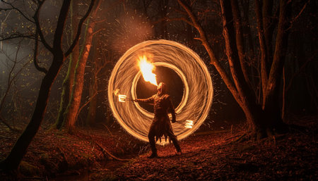 Atmospheric night scenes featuring vibrant bonfires and celebratory fireworks in a natural forest...
