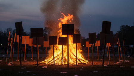 Atmospheric night scenes featuring vibrant bonfires and celebratory fireworks in a natural forest...