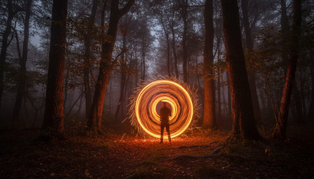 Atmospheric night scenes featuring vibrant bonfires and celebratory fireworks in a natural forest...