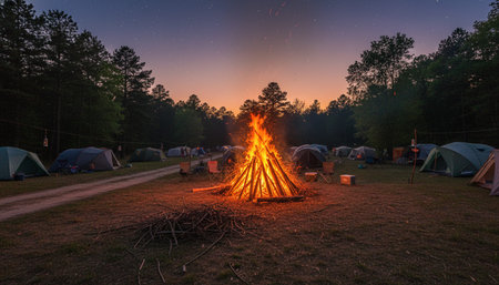 Atmospheric night scenes featuring vibrant bonfires and celebratory fireworks in a natural forest...