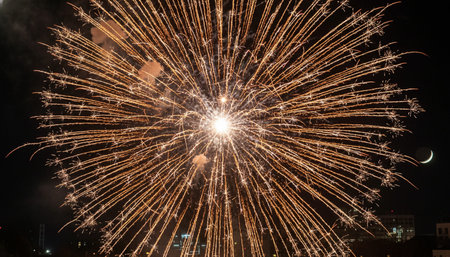Atmospheric night scenes featuring vibrant bonfires and celebratory fireworks in a natural forest...
