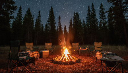 Atmospheric night scenes featuring vibrant bonfires and celebratory fireworks in a natural forest setting.