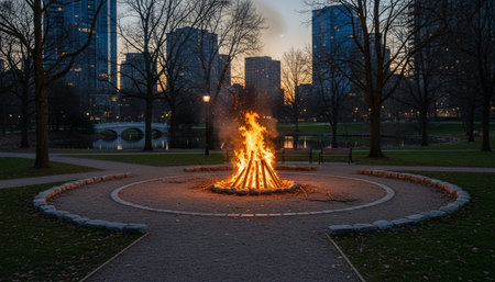 Atmospheric night scenes featuring vibrant bonfires and celebratory fireworks in a natural forest setting.