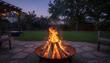 Atmospheric night scenes featuring vibrant bonfires and celebratory fireworks in a natural forest setting.