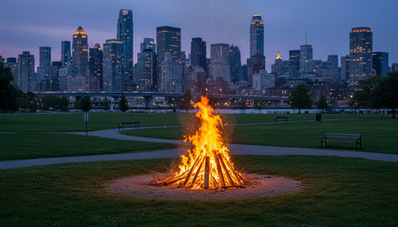 Atmospheric night scenes featuring vibrant bonfires and celebratory fireworks in a natural forest setting.