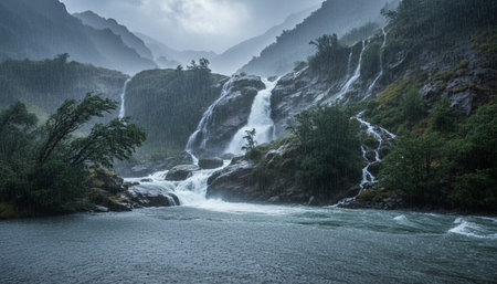 Atmospheric rainy weather scenes featuring wet urban streets  misty forests  and natural reflections.