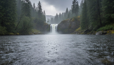 Atmospheric rainy weather scenes featuring wet urban streets  misty forests  and natural reflections.